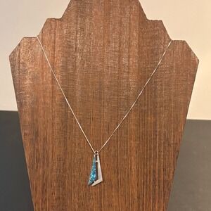 Taxco Mexico 925 Sterling Silver Signed Turqouise Modernist Pendant Necklace 17"